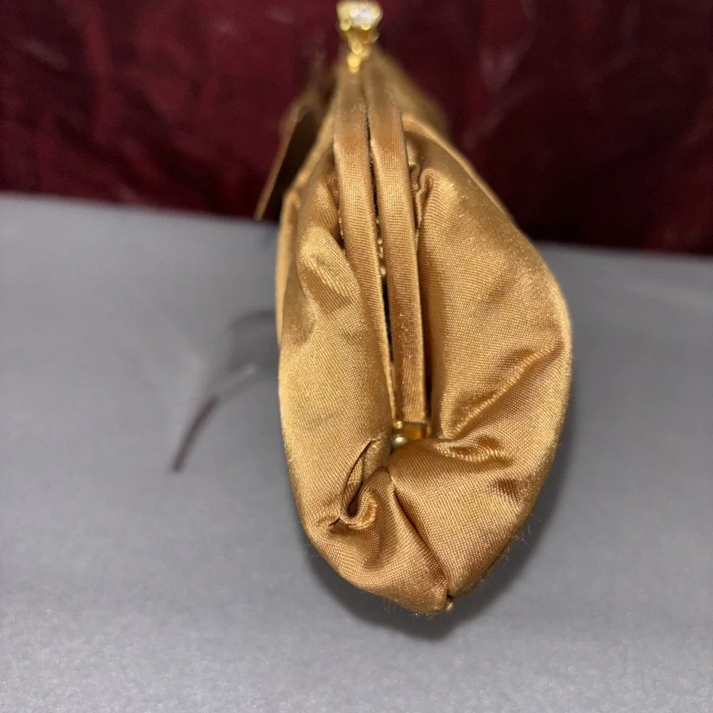 Valerie Stevens Gold Satin Duel Strap Clutch Purse Bow Rhinestone Kiss Lock EUC